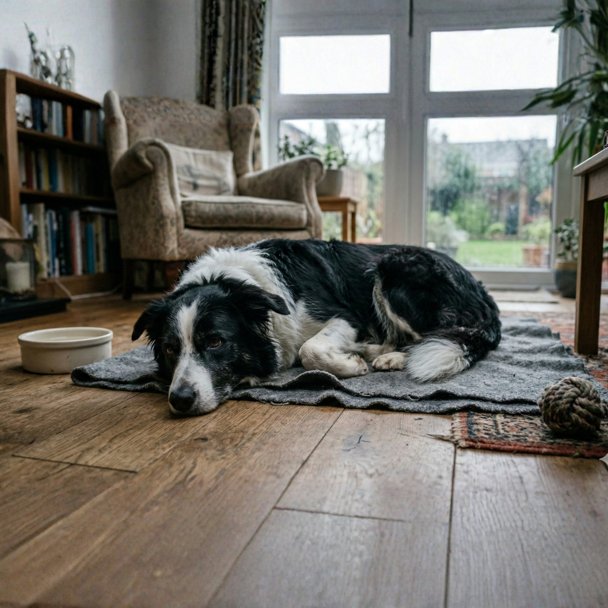 Hund hat einen unruhigen Magen-Darm-Trakt und liegt am Boden